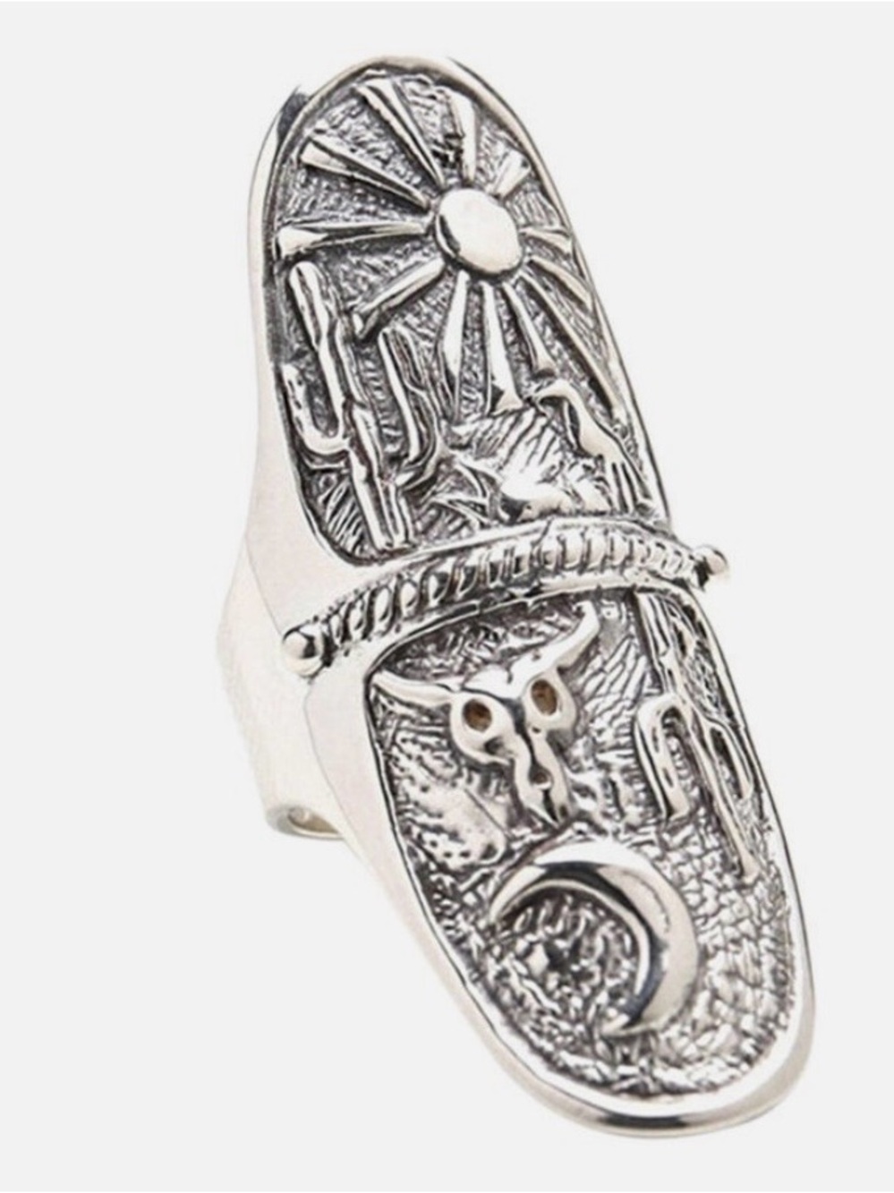 Sterling-Style Silver Western Motif Long Shield Ring - 6.5
